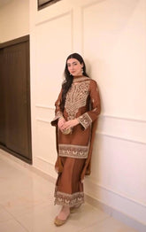 Gorgeous Brown Crepe Chinestich Palazzo Suit